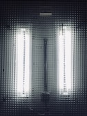 Two fluorescent lights situated behind a grid-like mesh structure. The lights emit a strong, cool white light that illuminates the surrounding area, creating a stark and industrial aesthetic.