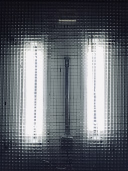 Two fluorescent lights situated behind a grid-like mesh structure. The lights emit a strong, cool white light that illuminates the surrounding area, creating a stark and industrial aesthetic.