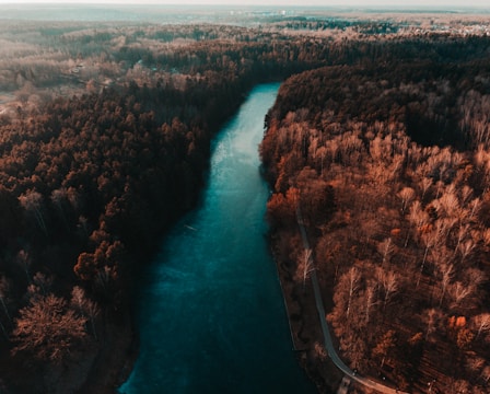 A wide shot of a river winding through autumn-colored trees.