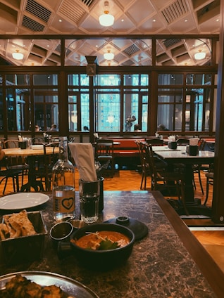 A cozy restaurant interior with a warm ambiance.