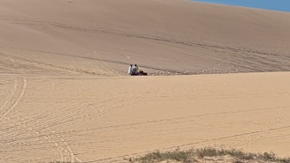Close-up of rugged ATV tires leaving deep tracks in the warm beige sand of the Liwa Desert.