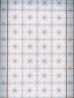 A symmetrical pattern with ornate, geometric designs featuring intricately detailed floral motifs spread across a grid-like layout. The motifs are enclosed within individual squares, with each square bordered by thin lines. The overall pattern has a classic and decorative aesthetic, reminiscent of an architectural ceiling or tiled surface.