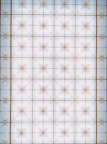 A symmetrical pattern with ornate, geometric designs featuring intricately detailed floral motifs spread across a grid-like layout. The motifs are enclosed within individual squares, with each square bordered by thin lines. The overall pattern has a classic and decorative aesthetic, reminiscent of an architectural ceiling or tiled surface.