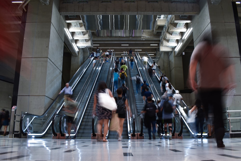 people in escalator inside building