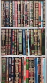 A collection of books neatly arranged on a bookshelf. The books have ornate covers with elaborate designs and texts, predominantly in Arabic script. The books are of various colors and sizes, with some having bookmarks visible.