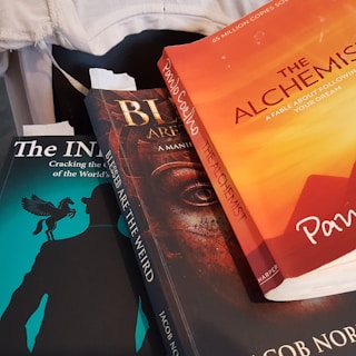 A close-up view of three books stacked together. The top book is 'The Alchemist' with an orange cover, featuring the name 'Paulo Coelho' prominently. The second book, underneath, has a dark, mysterious design with partial text visible. The bottom book titled 'The IN' has a silhouette of a man with a horse on the cover, set against a teal background.