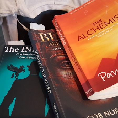 A close-up view of three books stacked together. The top book is 'The Alchemist' with an orange cover, featuring the name 'Paulo Coelho' prominently. The second book, underneath, has a dark, mysterious design with partial text visible. The bottom book titled 'The IN' has a silhouette of a man with a horse on the cover, set against a teal background.