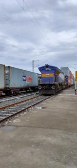 A freight train on railway tracks featuring multiple cargo containers. The sky is overcast, suggesting a cloudy day. The train is on an outdoor platform with visible overhead electric lines.