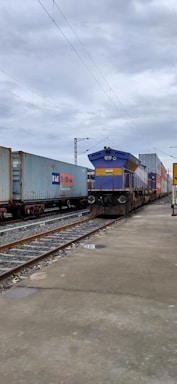 A freight train on railway tracks featuring multiple cargo containers. The sky is overcast, suggesting a cloudy day. The train is on an outdoor platform with visible overhead electric lines.