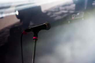 A microphone on a stand is positioned in a dimly lit environment. The background appears blurred with soft lighting, and there's a hint of fog or smoke, suggesting a stage setting.