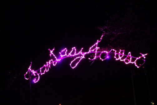 Brightly illuminated pink neon lights spell out 'Fantasy Forest' against a dark background, creating a whimsical and inviting atmosphere.