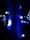 A series of vibrant blue LED lights are wrapped around a vertical pole, casting a strong glow in the dark surroundings. Additional lights can be seen in the background, creating a festive atmosphere.