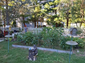A garden area with a variety of green plants growing within a fenced area. A white picket fence surrounds the garden, and a stone sculpture of a bear sitting on a stump is in the foreground. There are several birdhouses and feeders distributed around the garden. Mature trees provide ample shade around the area, casting patterns of light and shadow over the garden.
