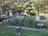 A garden area with a variety of green plants growing within a fenced area. A white picket fence surrounds the garden, and a stone sculpture of a bear sitting on a stump is in the foreground. There are several birdhouses and feeders distributed around the garden. Mature trees provide ample shade around the area, casting patterns of light and shadow over the garden.