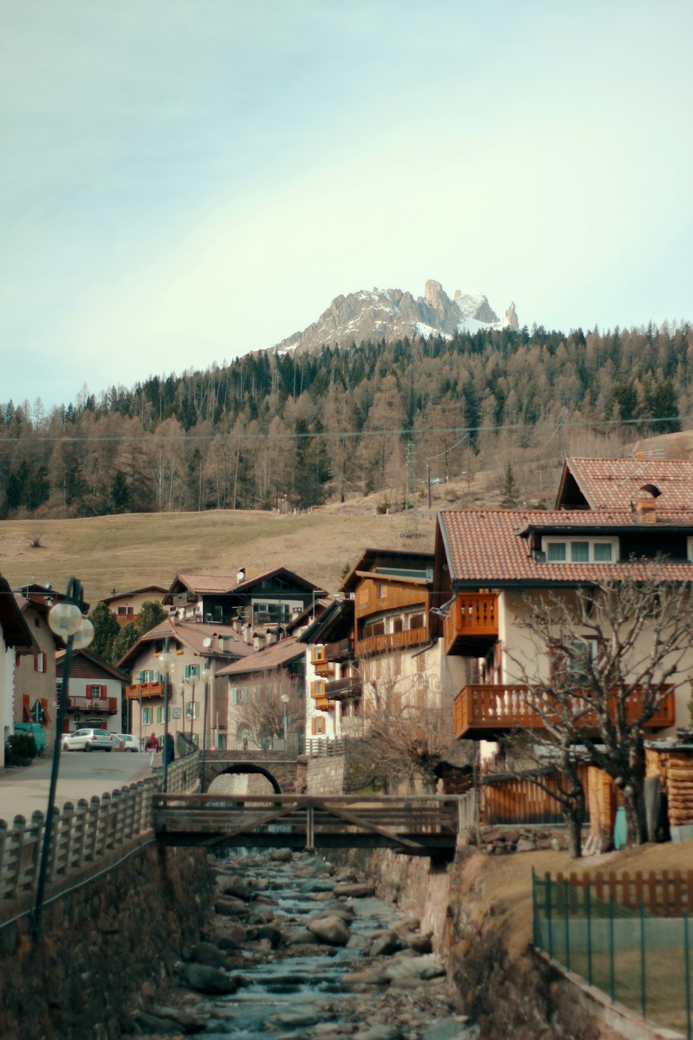 brown and white concrete houses near green trees and mountain during daytime