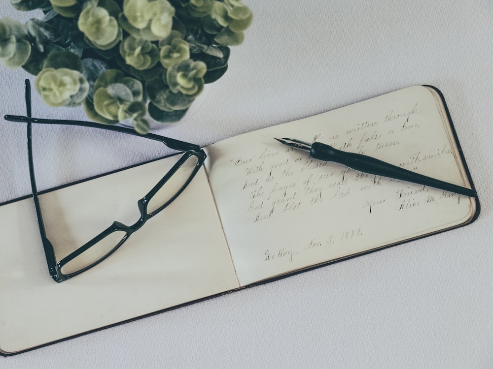 black framed eyeglasses on white paper