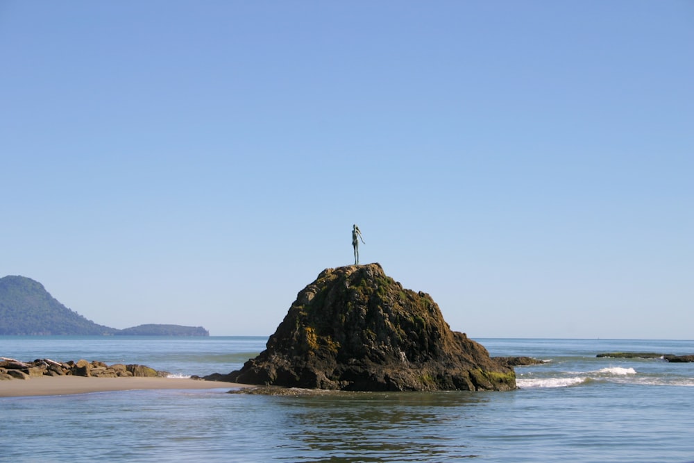 personne debout sur une formation rocheuse sur la mer pendant la journée