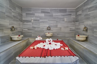 red and white table cloth on white table