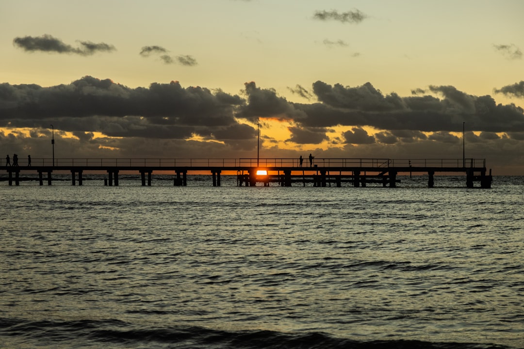 silhouette of dock on sea during sunset