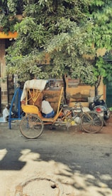 A yellow cycle rickshaw is parked on a street under the shade of a large leafy tree. A person is sitting inside, resting against the carriage with their back turned. There's another bicycle parked nearby and some posters are visible on the wall in the background. The scene is set in a somewhat urban environment with a rustic feel.