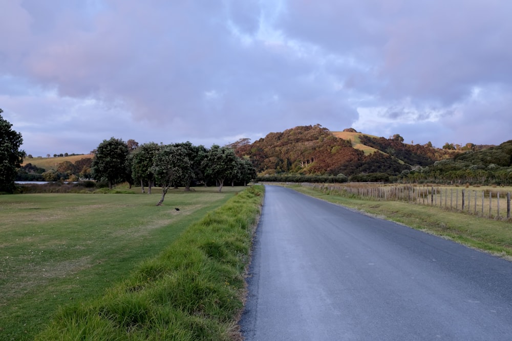 Route goudronnée grise entre un champ d’herbe verte sous un ciel nuageux pendant la journée