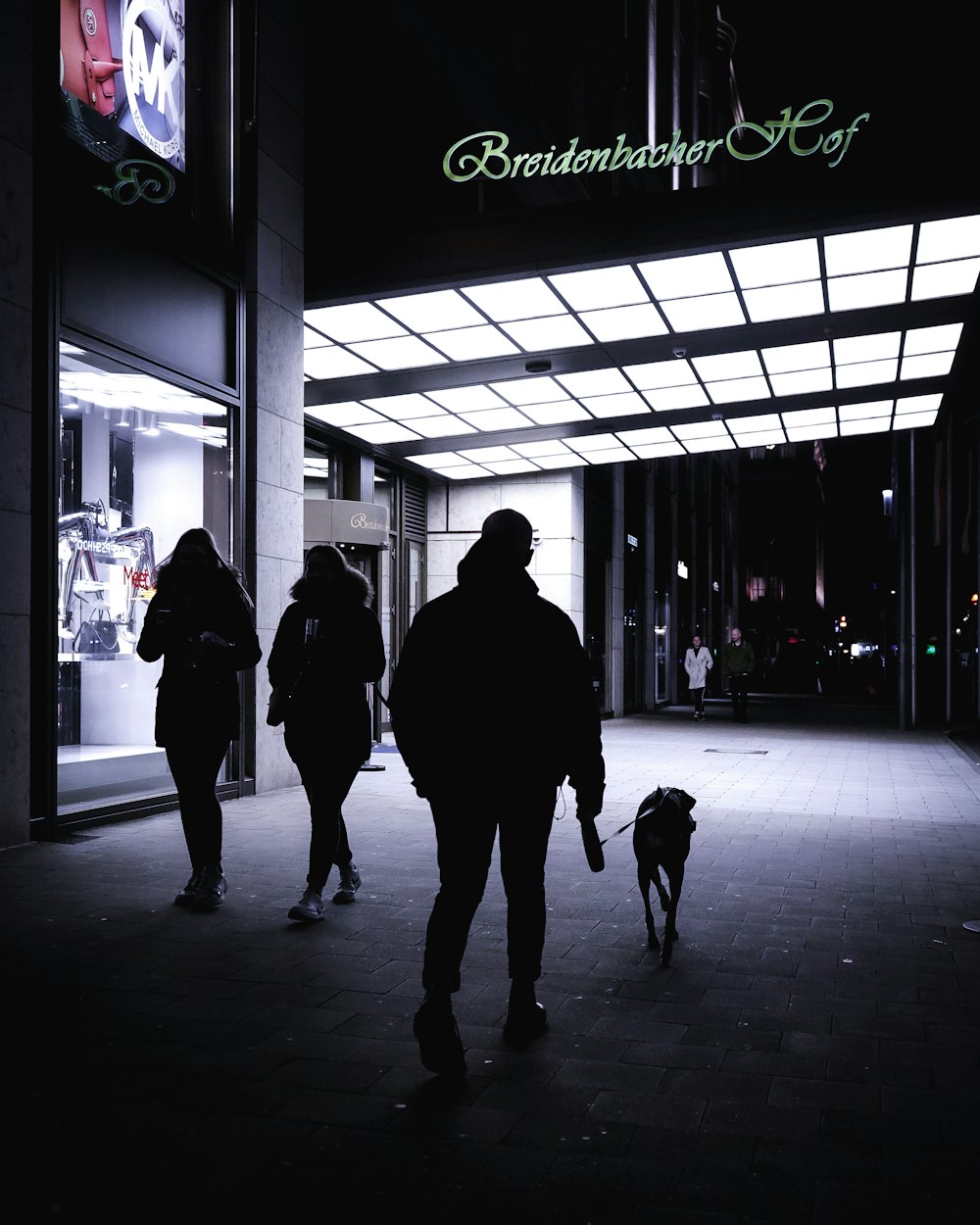 silhouette of man and woman walking on sidewalk during night time