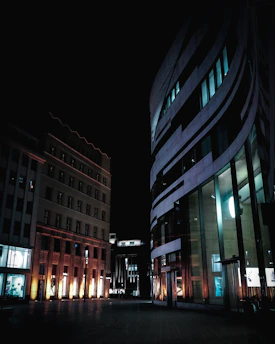 Abstract nighttime cityscape with cold, modern political architecture illuminated softly