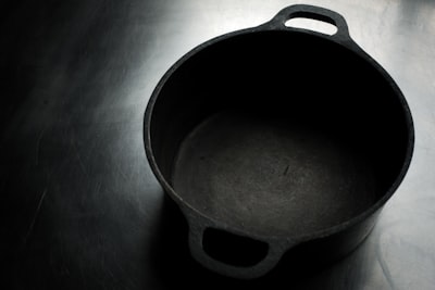black frying pan on gray surface dutch colonial zoom background