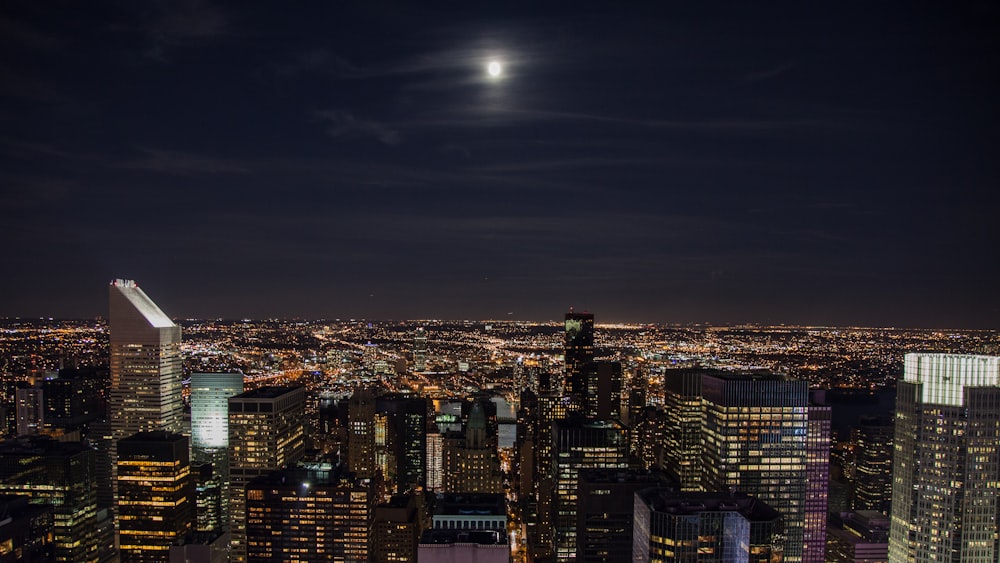 aerial view of city buildings during night time