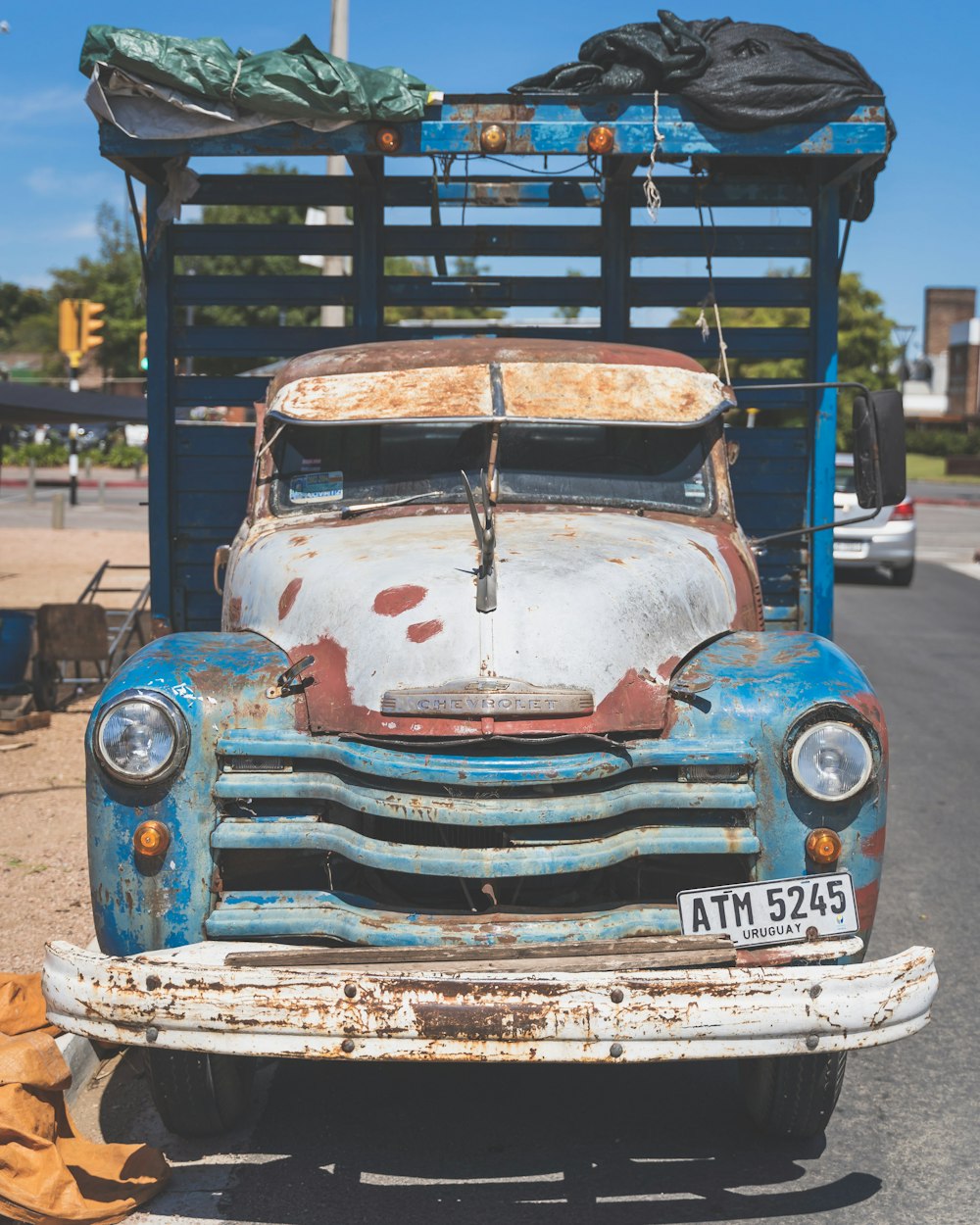 blue and white vintage car