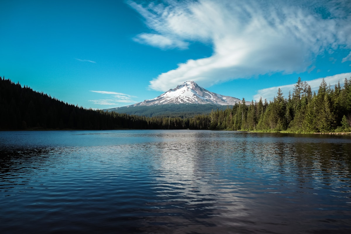 Mountain lake surrounded by pine forest in the Central Oregon Cascades near Sisters