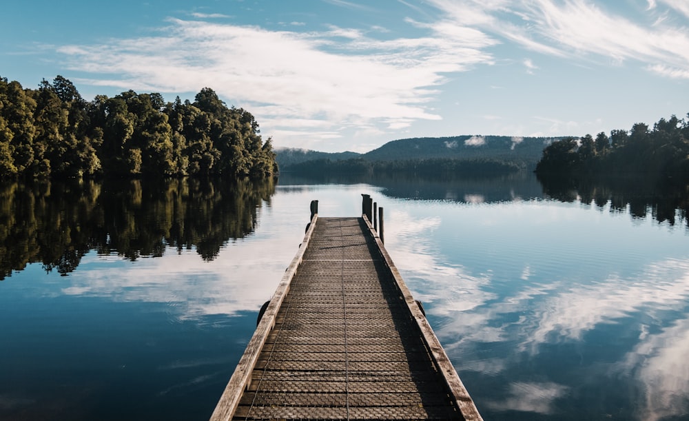 Pontile di legno marrone sul lago durante il giorno