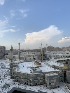 An aerial view of a bustling mosque during an event.