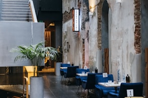 blue and brown dining table and chairs set