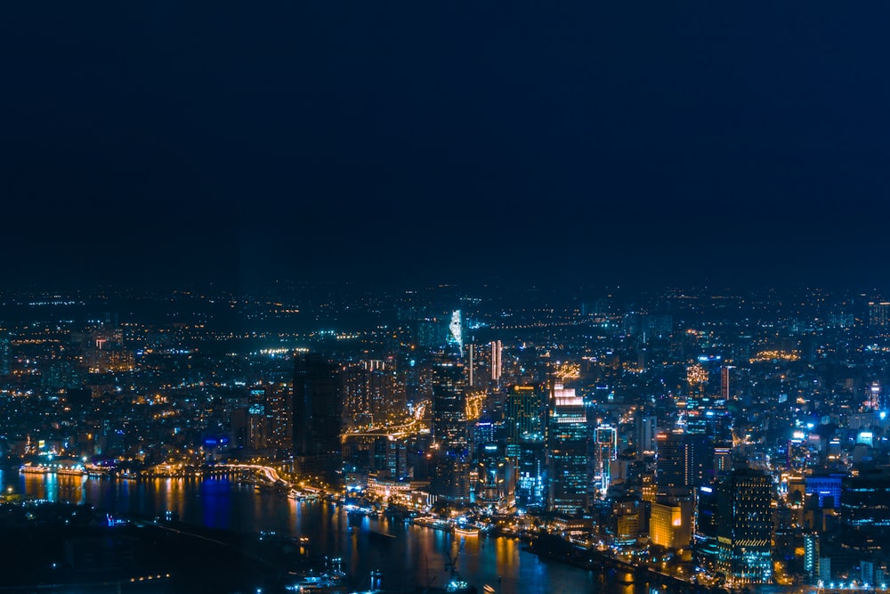 city skyline during night time