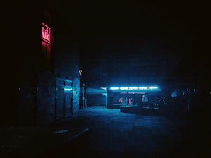 A cinematic still showing a moody urban scene lit by neon lights at dusk.