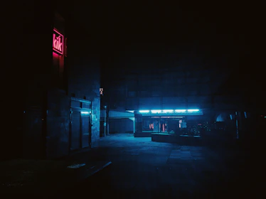 A cinematic still showing a moody urban scene lit by neon lights at dusk.