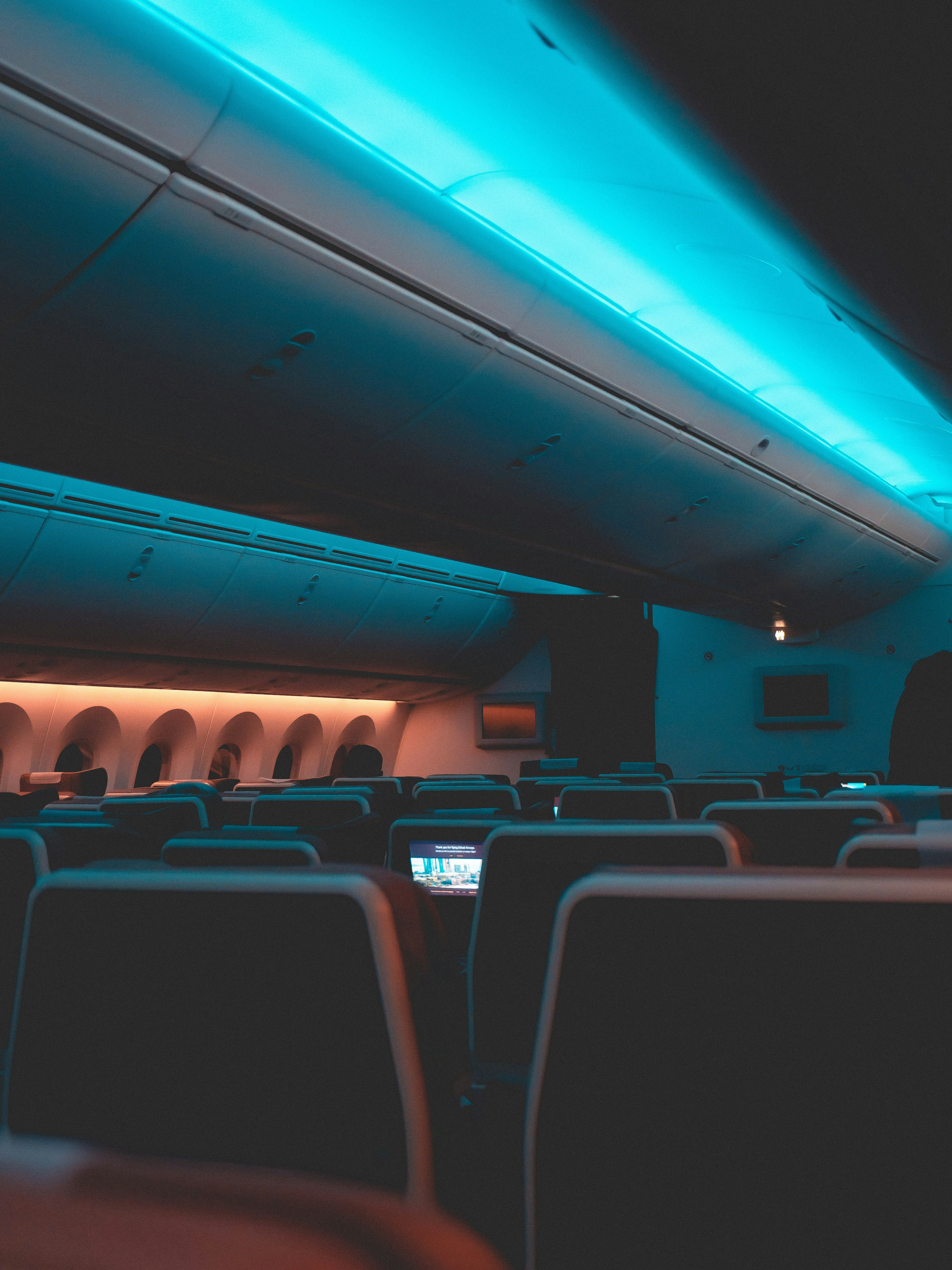 blue and white airplane seats