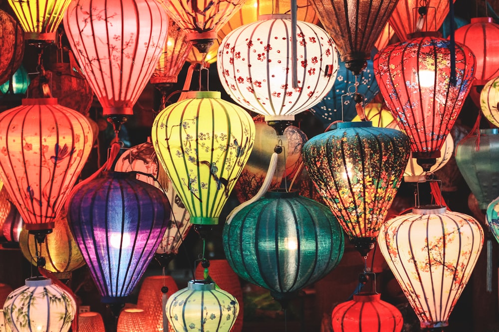 red green and yellow paper lanterns