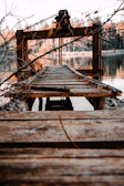 Modern rustic dock with matte black accents and natural wood blending into the lake.