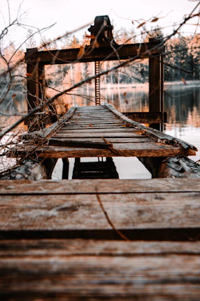 Modern rustic dock with matte black accents and natural wood blending into the lake.