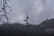 A tall pole with multiple security cameras and loudspeakers is situated in the middle of a misty, mountainous area. Bare tree branches are visible in the foreground, while buildings and infrastructure are seen on the hills in the background. The sky is overcast, contributing to a gloomy atmosphere.