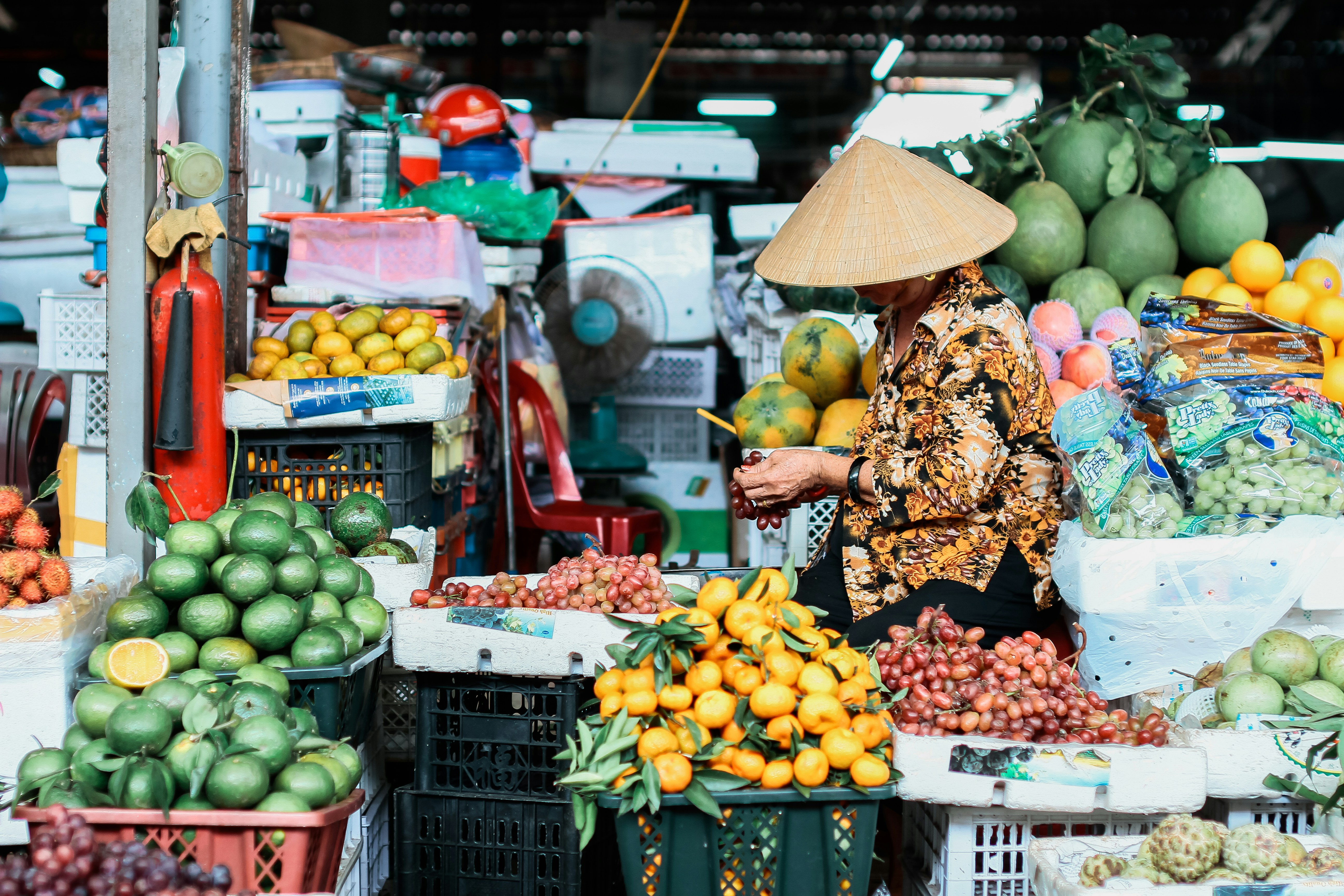 woman in brown and white floral dress standing in front of fruit stand, 