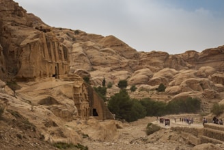A rugged landscape featuring ancient rock-cut architecture in a desert environment. A large cliff face dominates the left side with carved structures, while a pathway on the right shows small groups of people walking and a horse-drawn carriage. Sparse greenery is scattered among the rocky terrain under a subtly overcast sky.