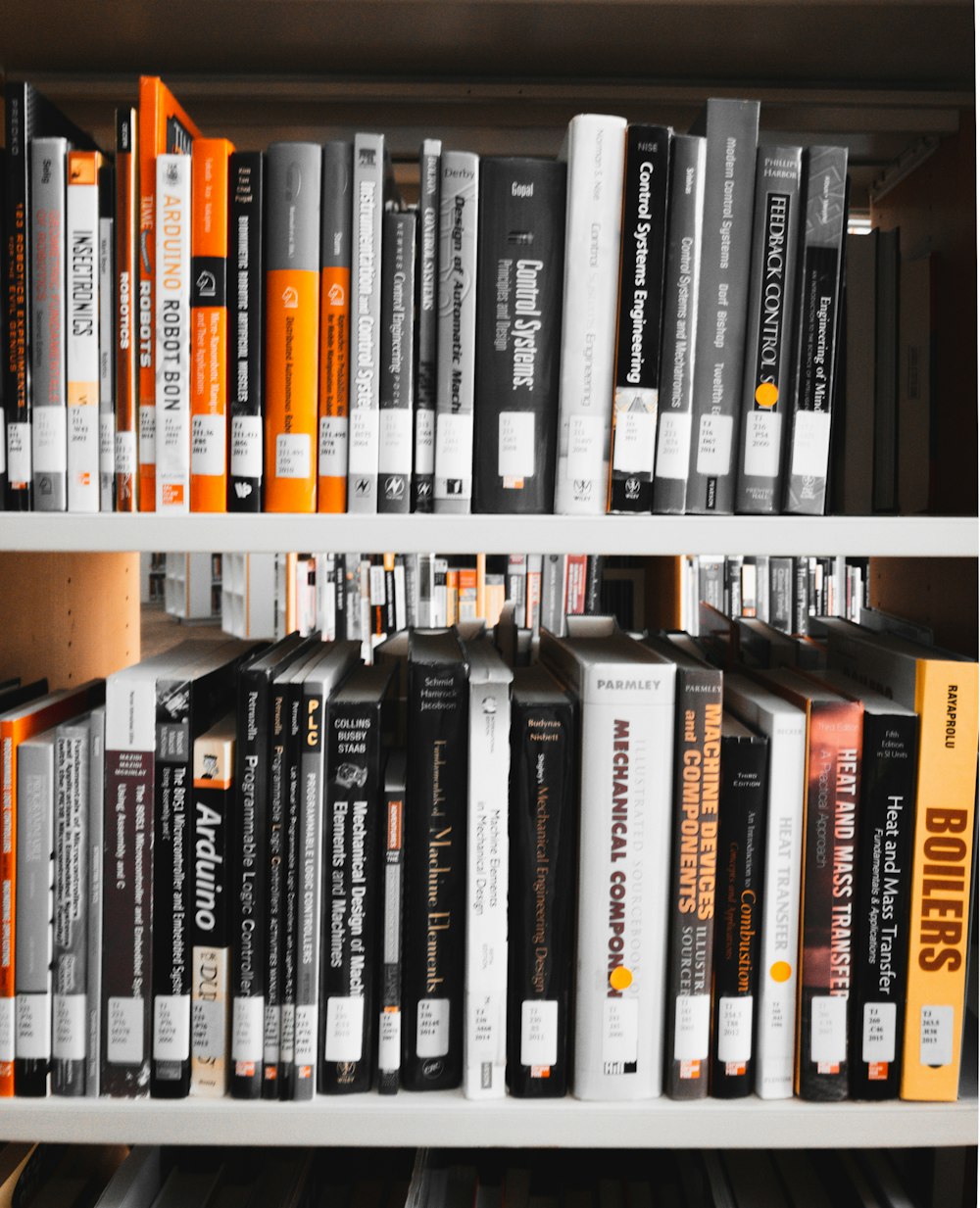 books on white wooden shelf