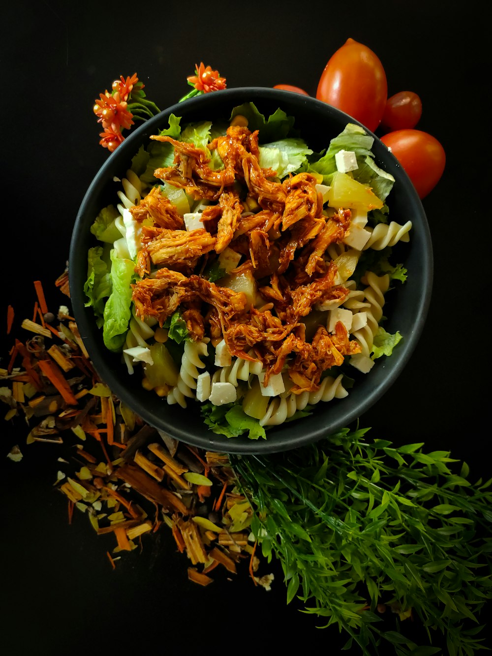 vegetable salad in black ceramic bowl