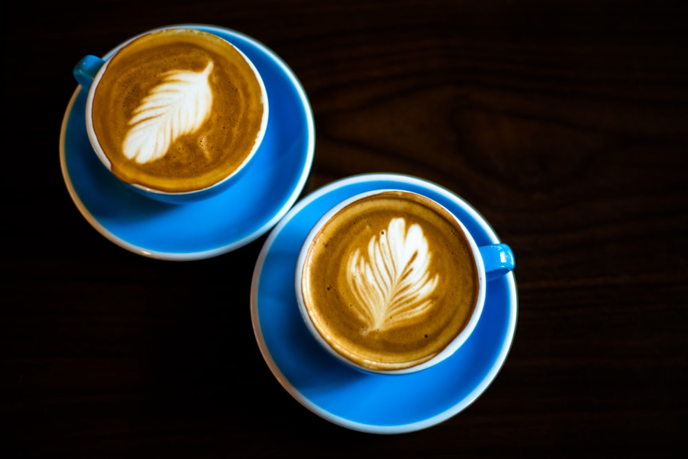 blue ceramic cup with cappuccino