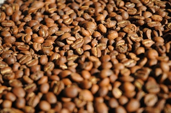 A large pile of roasted coffee beans fills the frame, with a rich, dark brown hue and a slight oily sheen. The texture and intricate details of individual beans are visible, highlighting a combination of smooth surfaces and slightly wrinkled seams.