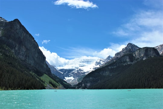green mountains beside body of water under blue sky during daytime in Banff National Park Canada