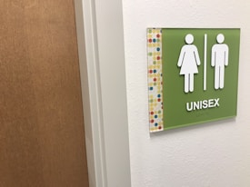 A hallway corner with a door that appears to be a restroom entrance. Next to the door, a green sign is mounted on the wall, featuring symbols for both male and female figures and the word 'UNISEX' below them. The sign has a decorative border with a colorful polka dot pattern.